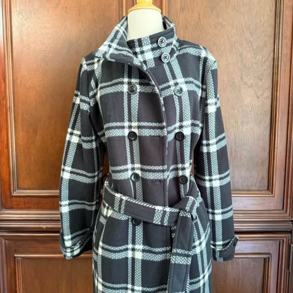 Ike Behar Womens Pea Coat Black White Plaid Size XL Tie Button Long Sleeve